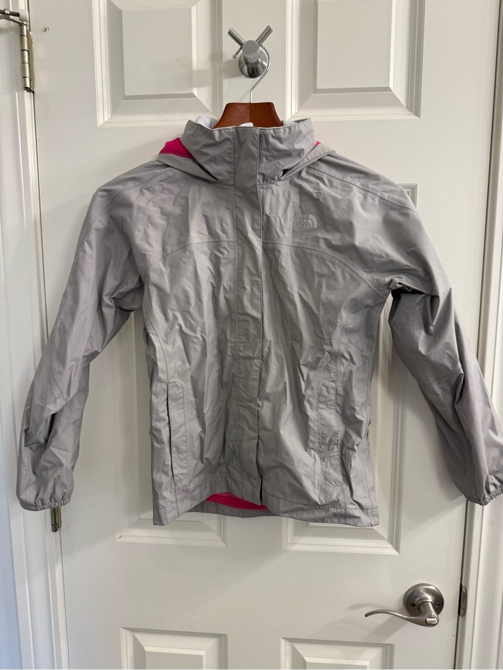 The North Face Girls' Light Gray Rain Jacket with Pink Lining